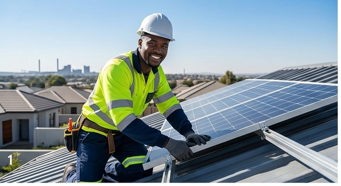 Profsolar certified Black technician smiling while installing solar panel on Gauteng residential rooftop