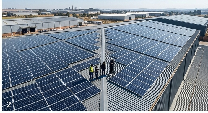 Aerial view of massive commercial solar installation managed by Profsolar team in Gauteng
