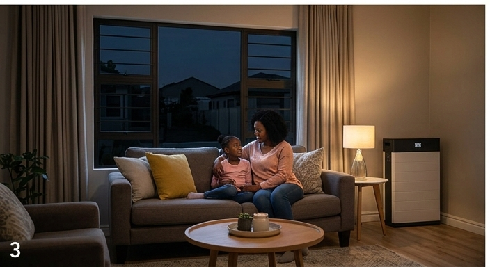 Black South African mother and daughter relaxing at home at night with lights on — powered by Profsolar solar battery during loadshedding