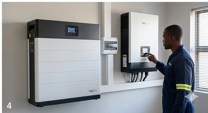 Profsolar Black technician configuring branded inverter and battery wall installation