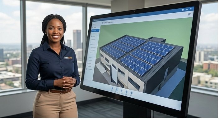 Profsolar solar design consultant — Black woman with Johannesburg skyline and 3D solar design software screen