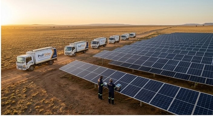 Profsolar's full fleet of branded trucks lined up beside a large ground-mounted solar farm installation at golden hour in Limpopo