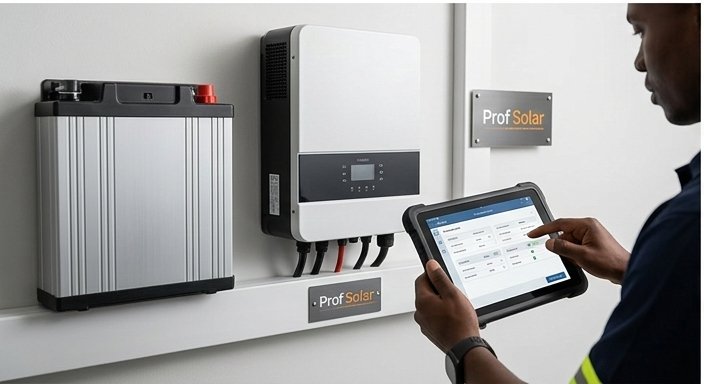 Profsolar Black engineer using tablet to monitor smart solar system with branded inverter and battery