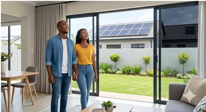 Happy Black South African couple enjoying loadshedding-free home with solar panels visible