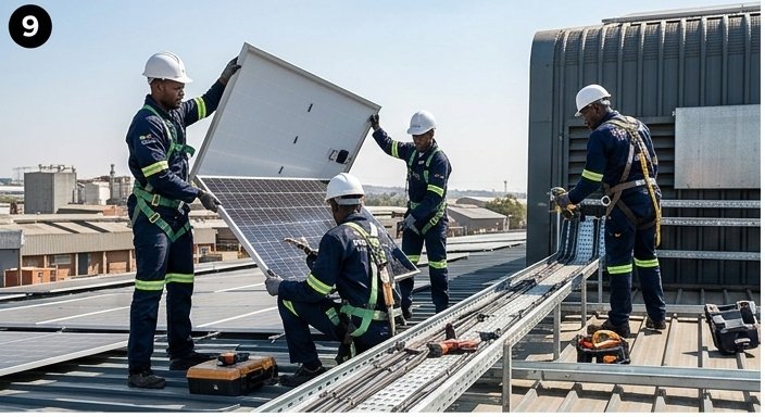Profsolar's certified team of 4 Black engineers installing solar panel on commercial Johannesburg rooftop