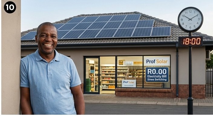 Happy South African business owner standing outside his Profsolar-powered shop with R0.00 electricity bill sign