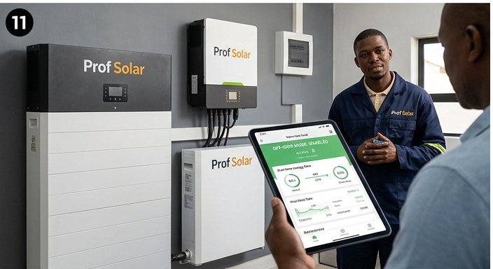 Two Profsolar Black technicians monitoring solar system performance on tablet with branded equipment