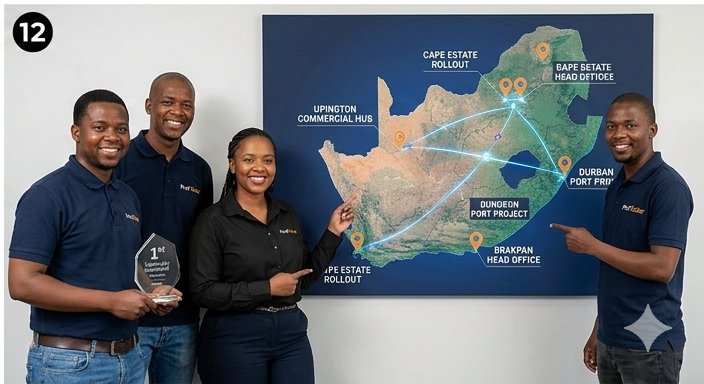 Profsolar founding team — directors holding industry award with South Africa project map showing Cape Estate, Gauteng, Limpopo and Brakpan Head Office rollouts